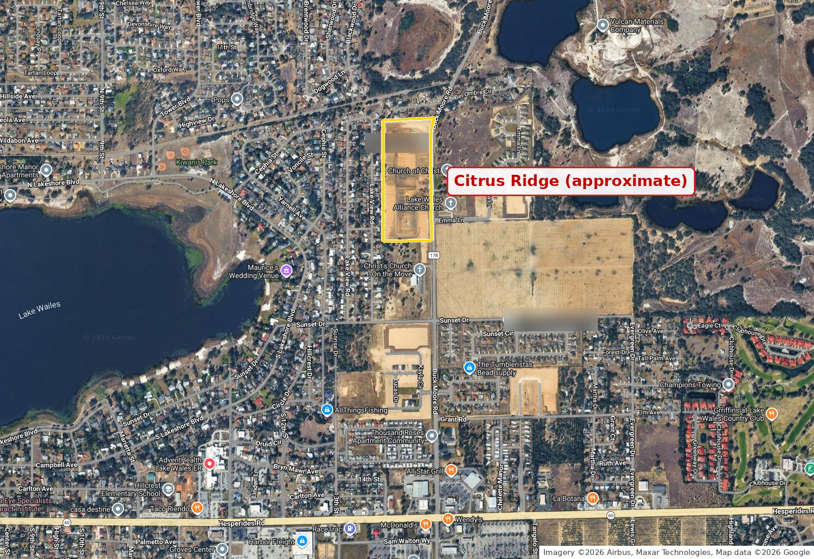 Satellite map of Citrus Ridge in Lake Wales FL outlined on the west side of Buck Moore Road north of SR 60 and east of Lake Wailes