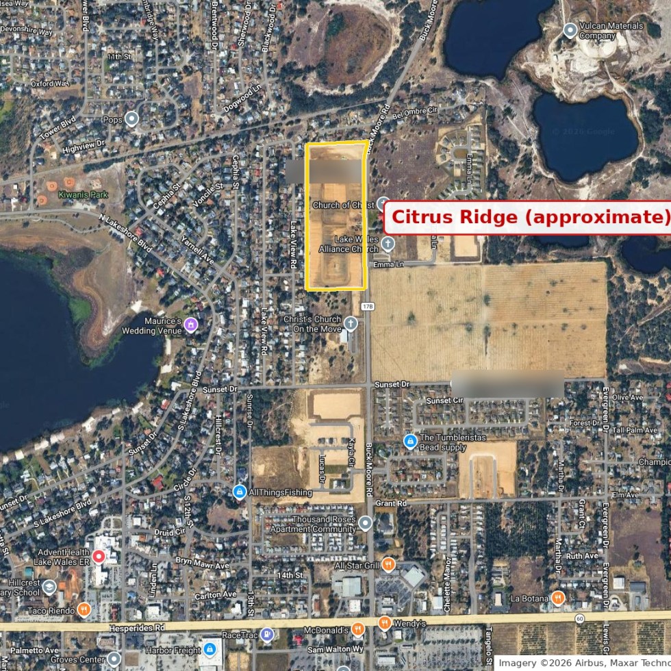 Satellite map of Citrus Ridge in Lake Wales FL outlined on the west side of Buck Moore Road north of SR 60 and east of Lake Wailes